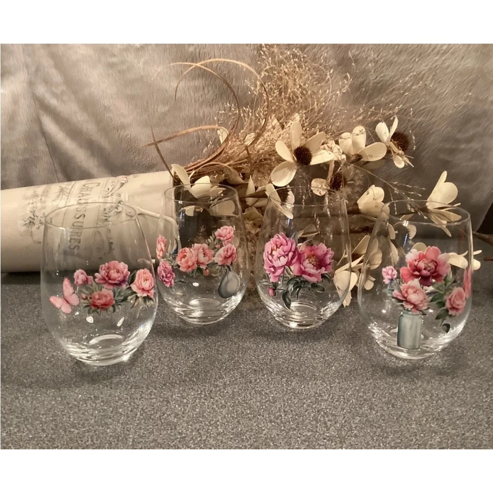 Wine Glasses Stemless Cottagecore Hand Decorated Set Of 4 Floral Peony & Roses